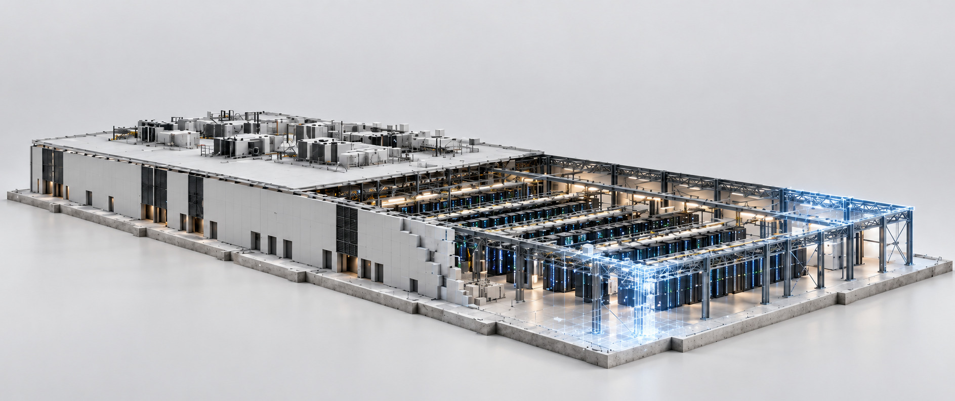 Data center under construction, with the planned structure shown as a digital twin